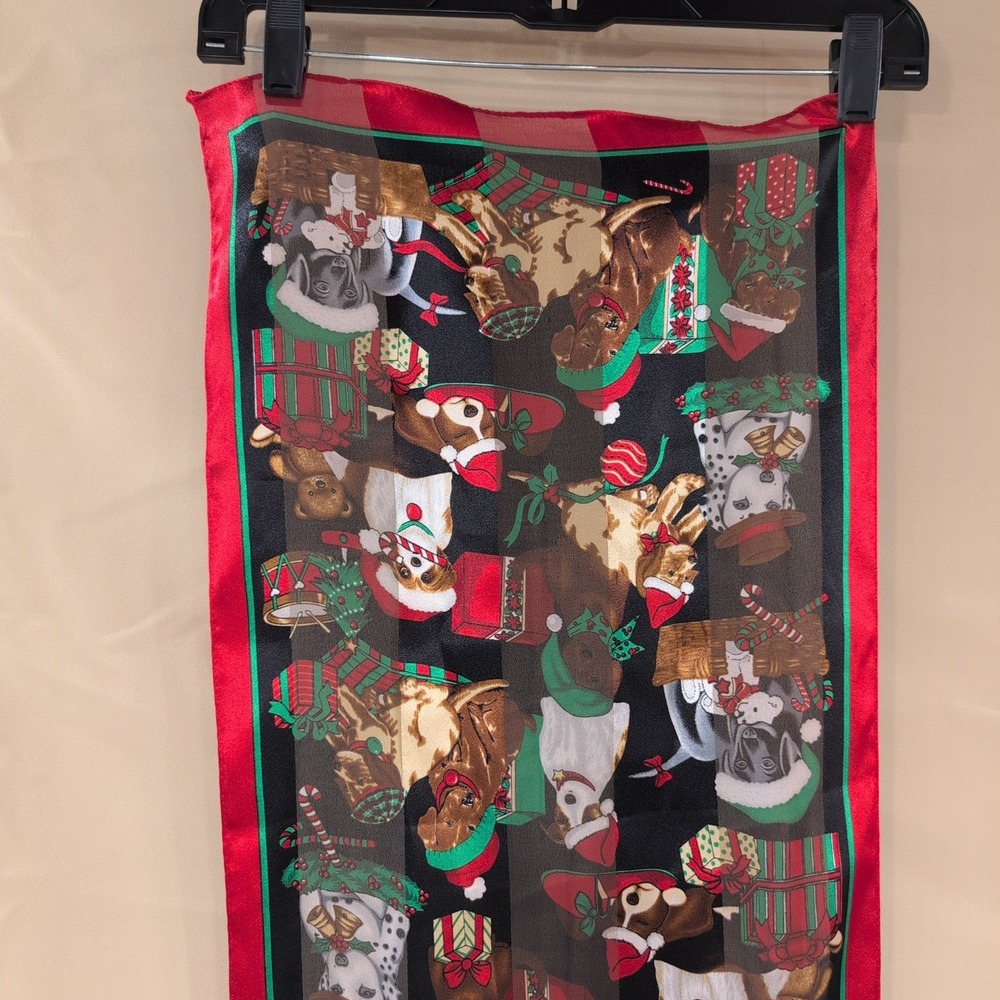 Christmas Dogs Puppies Holiday Scarf Black Red Border Oblong Polyester - Picture 2 of 6